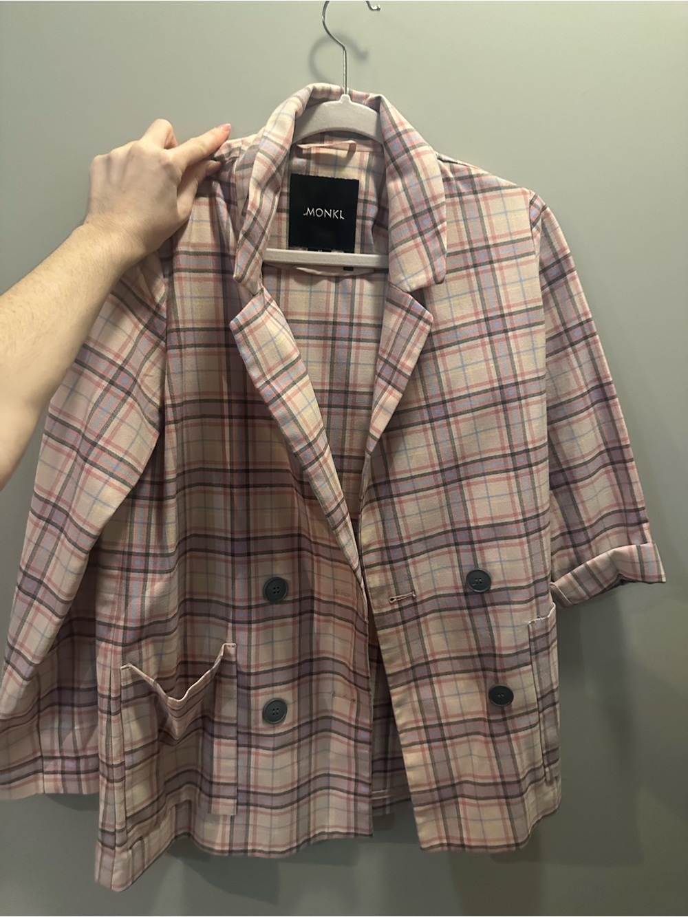 Monki Pink Plaid Double-Breasted Blazer